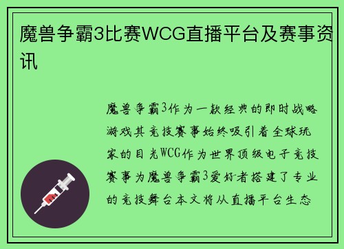 魔兽争霸3比赛WCG直播平台及赛事资讯