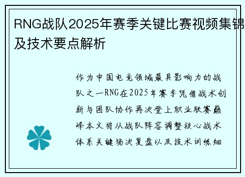 RNG战队2025年赛季关键比赛视频集锦及技术要点解析