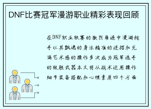DNF比赛冠军漫游职业精彩表现回顾